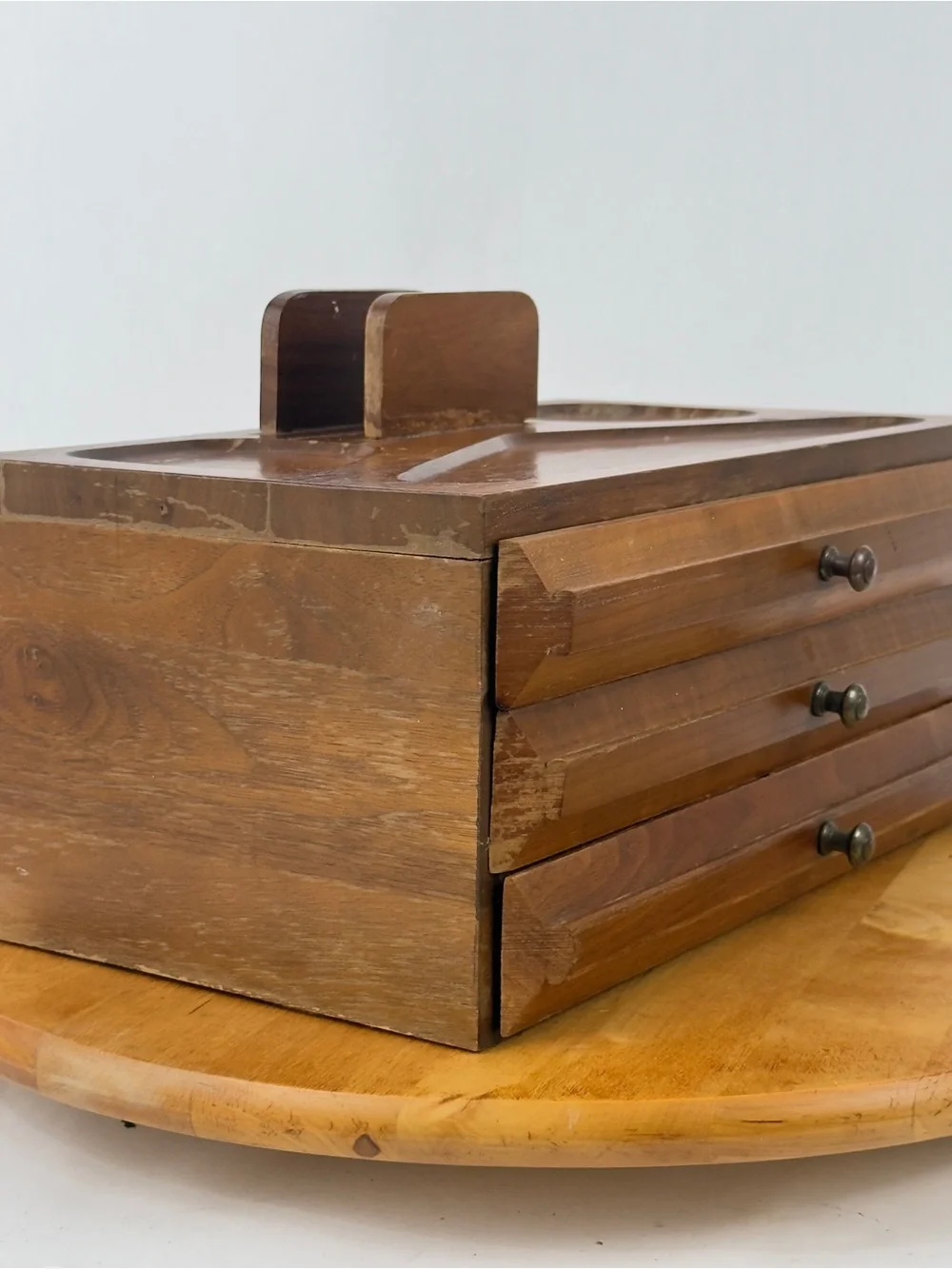 Mid Century Walnut Wood Desk Organizer Jewelry Desk Valet Box w Drawers Catchall